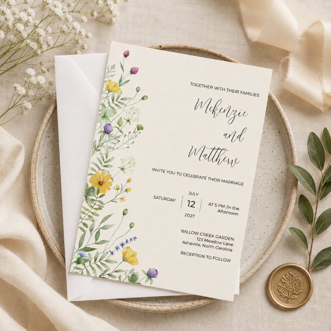 Convite Casamento Modernista de Prado com Flores Silvestre (Criador carregado)