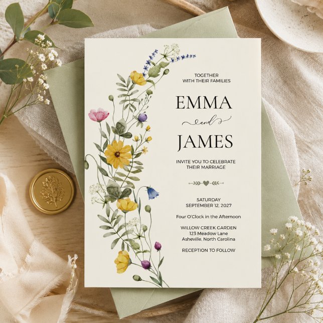 Convite Casamento Modernista de Prado com Flores Silvestre (Modern Wildflower, Meadow, Botanical Boho, Garden, Romantic, Floral, Watercolor, Nature wedding)
