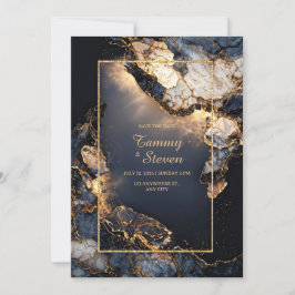 Convite Casamento Moderno Abstrato Escuro Geodo Dourado Na