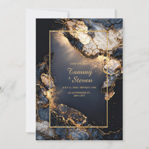 Convite Casamento Moderno Abstrato Escuro Geodo Dourado Na