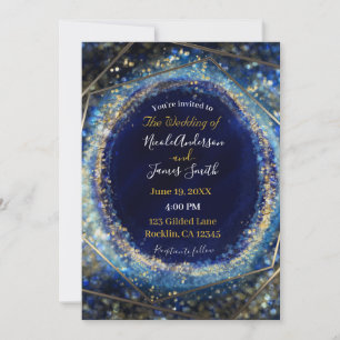 Convite Casamento Moderno Abstrato Glam Azul e Dourado