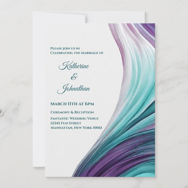 Convite Casamento Moderno - Abstrato Roxo e Teal- (Frente)