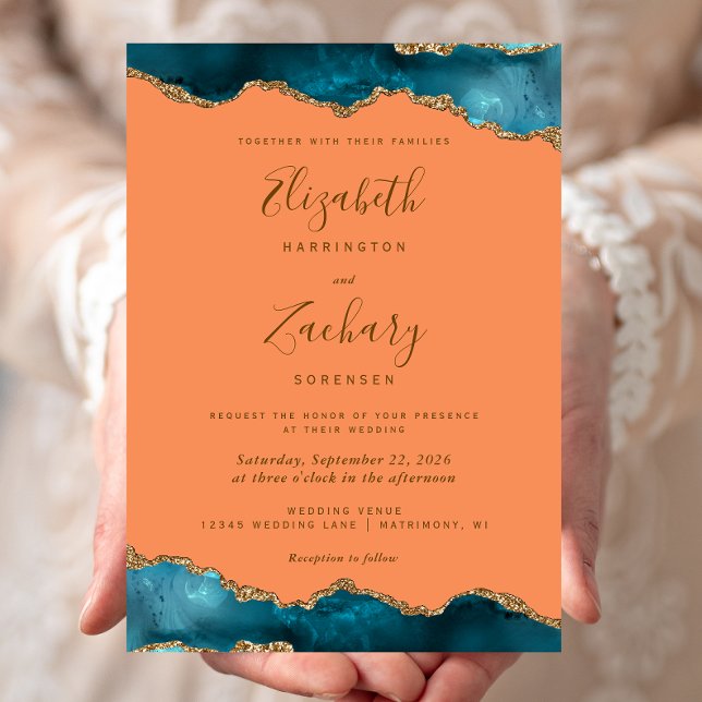Convite Casamento Moderno Ágata Dourada Teal Laranja (Criador carregado)