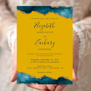 Convite Casamento Moderno Água-Marinha Dourado Ágata Mosta