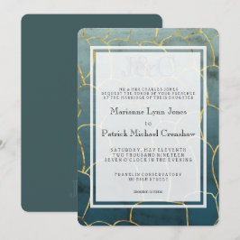 Convite Casamento Moderno Aquamarine Dourado Veio