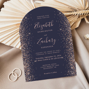 Convite Casamento Moderno Arco de Glitter Azul Escuro Dour