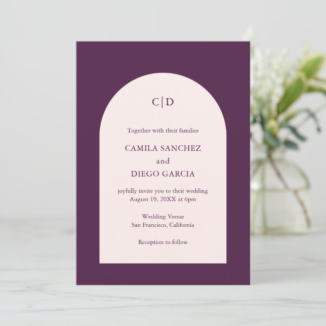 Convite Casamento Moderno Arco Roxo Elegante (Em pé/Frente)