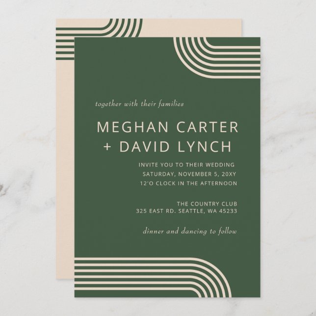 Convite Casamento Moderno Arrasto Verde Neutro Russo (Frente/Verso)