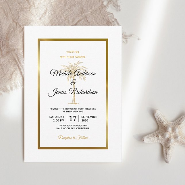 Convite Casamento Moderno Árvore de Palma Branco Dourado E (Criador carregado)