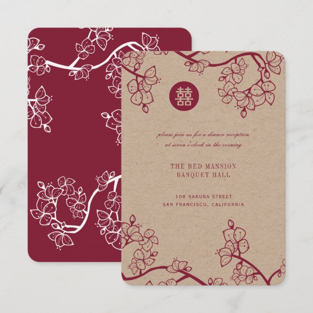 Convite Casamento Moderno Asiático Kraft e Flores de Ameix (Frente/Verso)