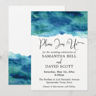 Convite Casamento Moderno Azul Aqua Watercolor 1