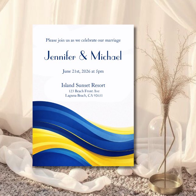 Convite Casamento Moderno Azul Cobalto e Amarelo (Cobalt Blue & Lemon Yellow Modern Wedding Invitation )