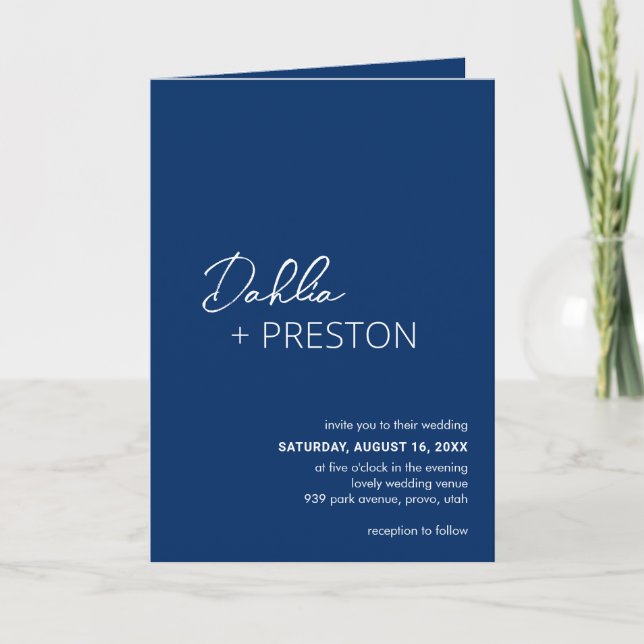 Convite Casamento Moderno Azul Marinho Código QR Mínimo (Frente)