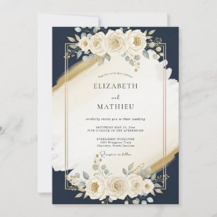 Convite Casamento Moderno Azul Naval Dourado