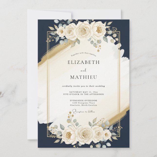 Convite Casamento Moderno Azul Naval Dourado (Frente)