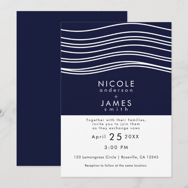 Convite Casamento Moderno Azul Naval e Branco Ondulado (Frente/Verso)