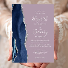 Convite Casamento Moderno Azul Naval Prata Ágata Malva
