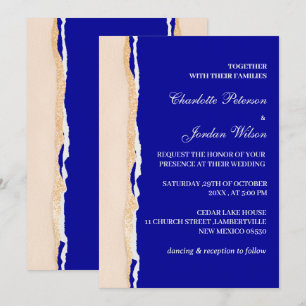 Convite Casamento Moderno Azul Real e Dourado Rosa