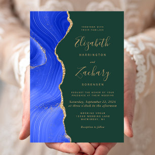Convite Casamento Moderno Azul Real Ouro Ágata Esmeralda V