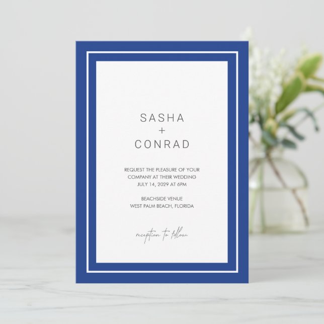 Convite Casamento Moderno Azul Safira com Borda Ousada (Em pé/Frente)
