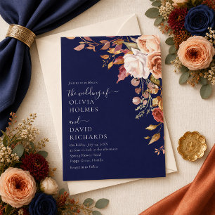 Convite Casamento Moderno Boho Azul Meia-Noite Laranja Que