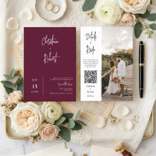 Convite Casamento Moderno Boho Borgonha Código QR RSVP