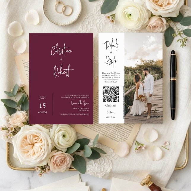 Convite Casamento Moderno Boho Borgonha Código QR RSVP (Criador carregado)