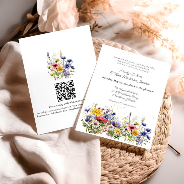 Convite Casamento Moderno Boho com Código QR de Flor Silve (Criador carregado)