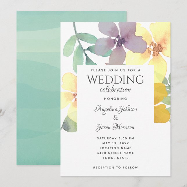 Convite Casamento Moderno Boho com Flores Silvestres (Frente/Verso)