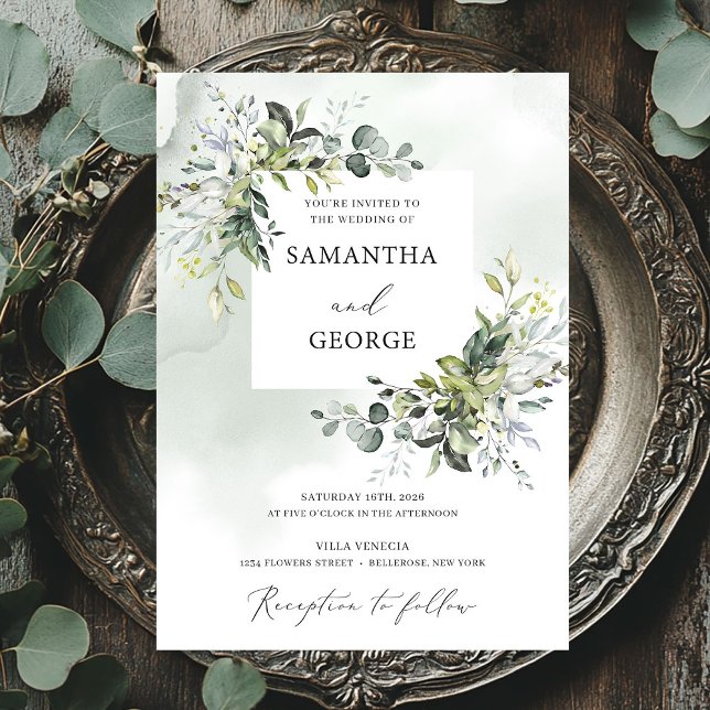 Convite Casamento moderno boho eucalipto folhagem verdejan (Greenery foliage boho modern eucalyptus wedding invitation)
