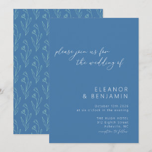 Convite Casamento Moderno Boho Floral Arte Linha Azul Rote