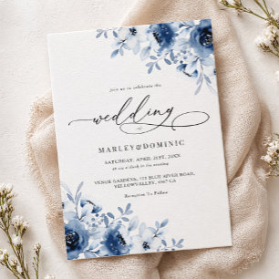 Convite Casamento Moderno Boho Floral Azul Poeira Aquarela