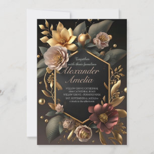 Convite Casamento moderno Boho preto burgundy e floral dou
