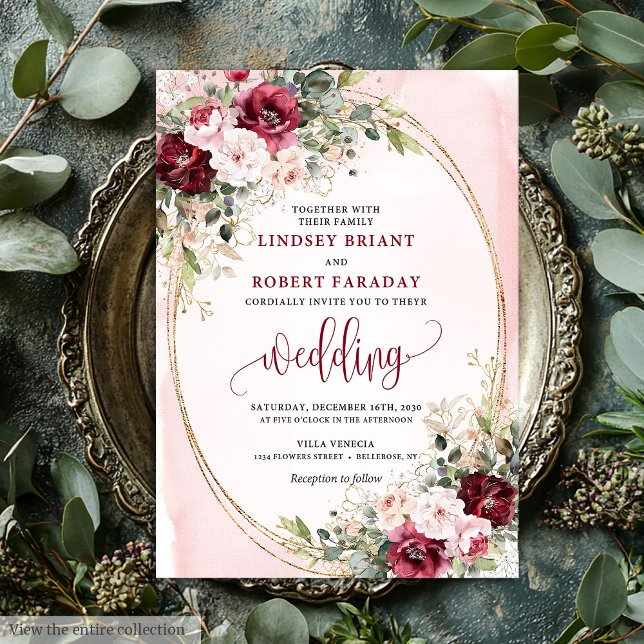 Convite Casamento Moderno Boho Rosa Vermelho Fundo Dourado (Modern Boho Deep Red Blush Gold Roses Sage Wedding Invitation)
