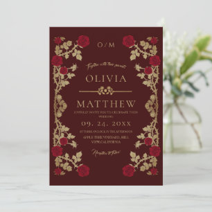 Convite Casamento Moderno Borgonha Dourado⎮Boho Rosa Vinha