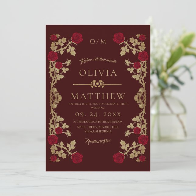 Convite Casamento Moderno Borgonha Dourado⎮Boho Rosa Vinha (Em pé/Frente)