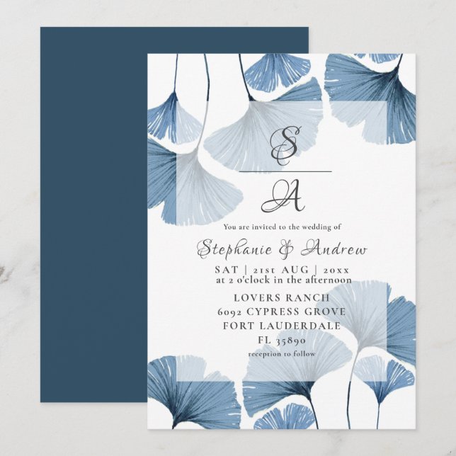 Convite Casamento Moderno Botânico com Gingko Azul (Frente/Verso)