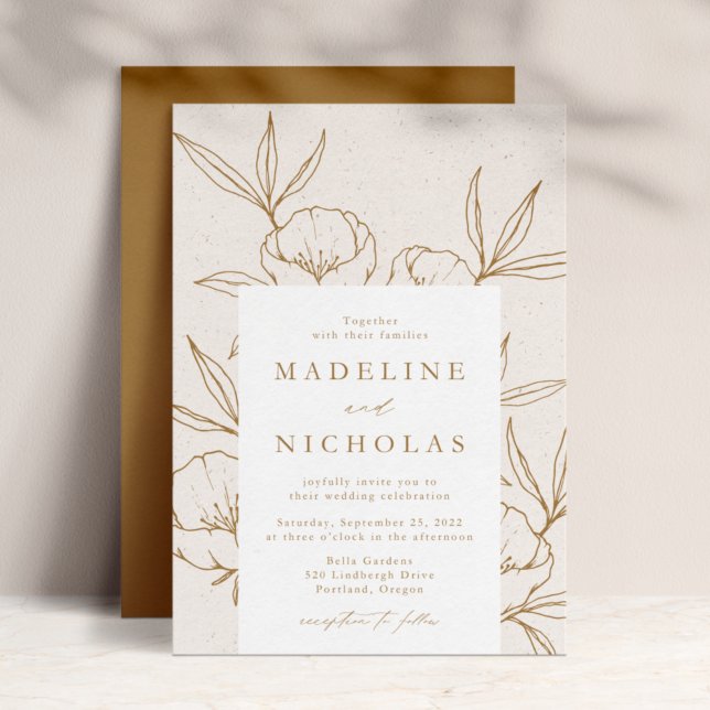 Convite Casamento Moderno Botânico Floral Creme e Dourado (Criador carregado)