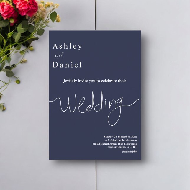 Convite Casamento Moderno Branco Azul-Marinho Mínimo Elega (Criador carregado)