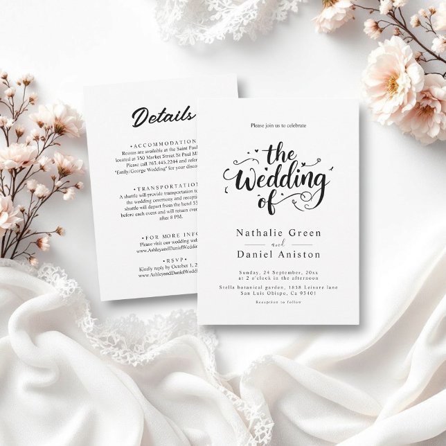 Convite Casamento Moderno Branco e Preto de Script Elegant (Criador carregado)