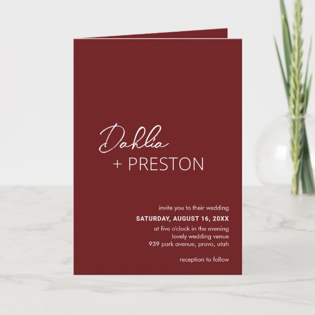 Convite Casamento Moderno Burgundy Código QR Minimalista (Frente)