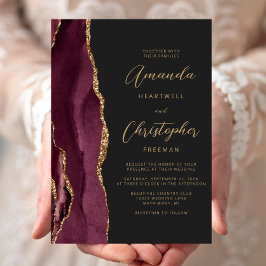 Convite Casamento Moderno Burgundy Dourado Ágata Script Ar