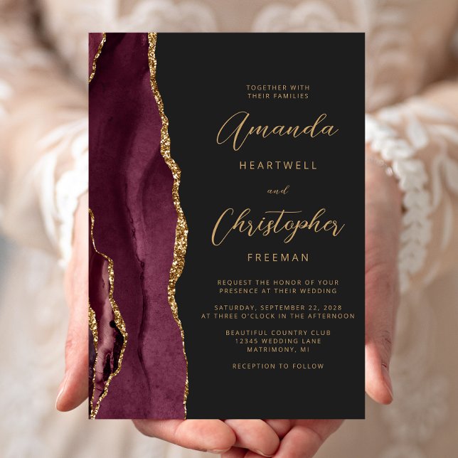 Convite Casamento Moderno Burgundy Dourado Ágata Script Ar (Criador carregado)