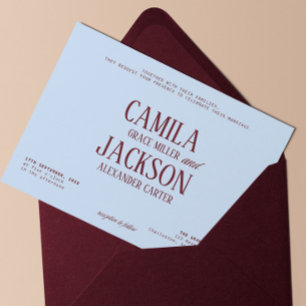Convite Casamento Moderno Burgundy e Azul