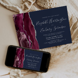 Convite Casamento Moderno Burgundy Prata Ágata Azul Marinh