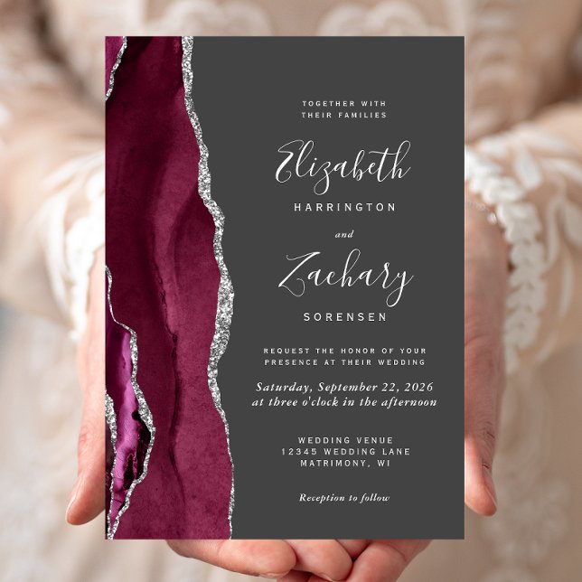 Convite Casamento Moderno Burgundy Prata Ágata Cinza Carvã (Criador carregado)