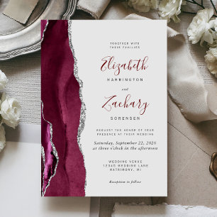 Convite Casamento Moderno Burgundy Prata Ágata Cinza Claro