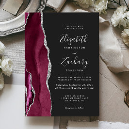 Convite Casamento Moderno Burgundy Prata Ágata Escura