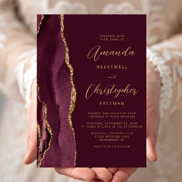 Convite Casamento Moderno Burgundy Vermelho Dourado Ágata