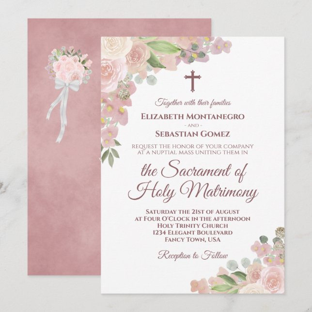 Convite Casamento Moderno Católico com Código QR Floral Ro (Frente/Verso)